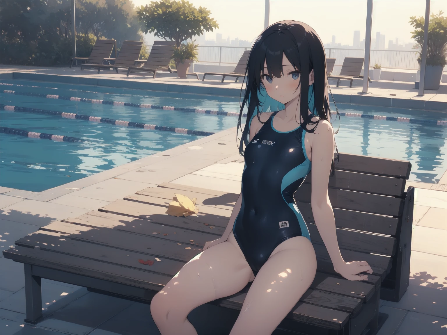 ultra-Top-quality by art God, ultra-detailed, high resolution, shinkai makoto style, anime moe artstyle, best anime 8k konachan wallpaper, pixiv contest winner, perfect anatomy, break,(Please draw a picture of a girl in a swimsuit sitting on a bench by the poolside alone.),break, a hyperrealistic school girl, parted lips, (Solo,ta, kid, 13-year-old:1.3),Full limbs, complete fingers, androgynous charm, very long hair, wet hair, small breasts,slender body, Small butt, groin, Small black eyes,hanme,beautiful detailed eyes, well-proportioned iris and pupils, sleepily, highres detailed hair, swimsuit, wet swimsuit, bare shoulders, thighs, in the school pool. break,super detailed skin, shiny skin, Best lighting powered by famous artist, 8k, illustration,UHD, textured skin,break,((artist:toosaka_asagi )), artist:clamp ,artist:carnelian ,artist:kantoku ,
