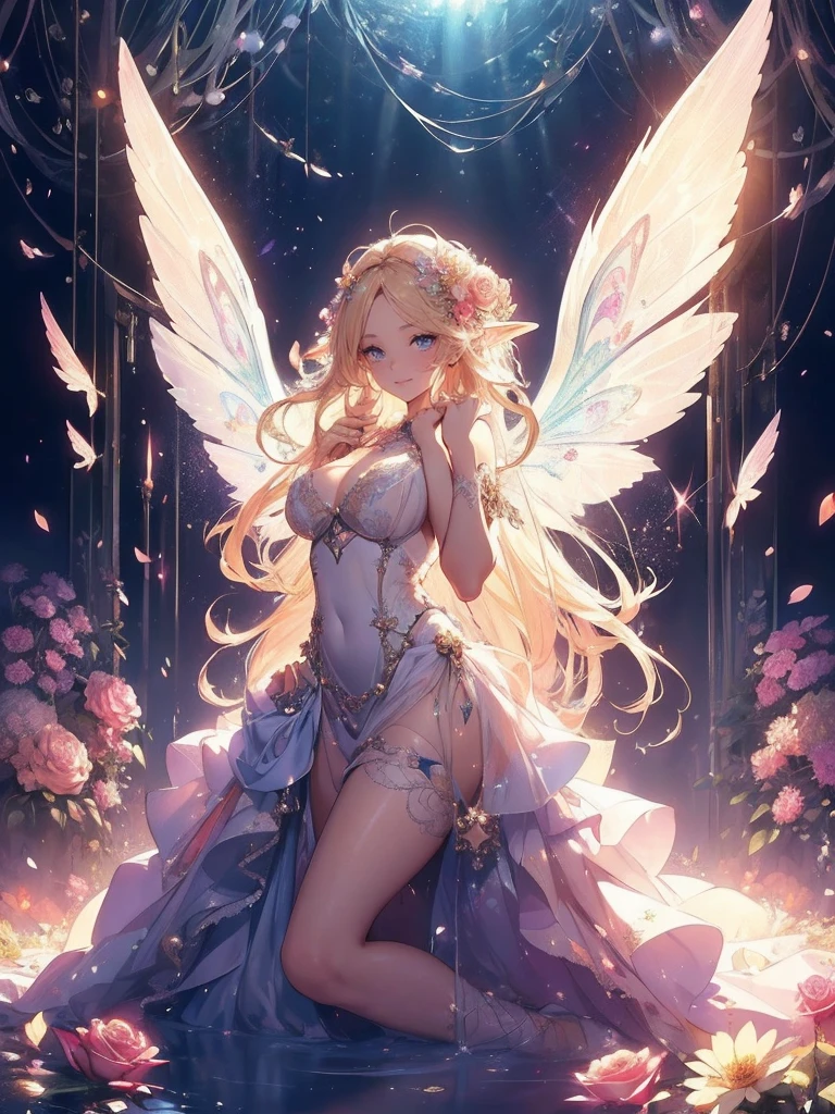 最high quality、1 beautiful woman,Angel ((cowboy shot ))、View from the front、美しい虹Farbeに輝く翼、Big angel wings、Wet、Beautiful groin、detailed groin、、Blushing、親しいsmile、Ecstasy、Beautiful thighs、Filled with roses、Lots of roses、Floral Throne、 Magnificent Fairy Throne、flower fractal fine art、Fill the screen with flowers、Bigger on the screen、Beautiful Eyes、、Fairy tale、Märchen Beautiful Eyes,High-definition depiction, Realistic, 8K, Unity, , light smile, Beautifully and vividly drawn, , Beautiful, beautiful, clear skin、sexly see-through bodystocking ,sexly 、Ecstasy、 Raise your arms behind your head, Romanticism,mosquito。 The most beautiful form of chaos, Mr..々Farbe, Intertwined flowers, P article,Magical gentle light,smile,sexy,image quality、masterpiece、Beautiful Face、Super beautiful woman((Big breasted 22 year old office lady、Bust 100,Beautiful long ironed hair、Blonde Hair、height: 165cm。、sexy、Esbian、high quality、、Visual Arts、最high quality、1 woman NP: Worst quality ,Flower fractal art、、Beautiful radiance,High-definition depiction, Realistic, 8K, Unity, , light smile, Beautifully and vividly drawn, , Beautiful, beautiful, clear skin、sexly ((、see-through dress,))Countless rays of light pouring down, Swirling Light, , Raise one arm above your head, Intense light is emitted from the magic flower circle front of the girl. Romanticism,: The most beautiful form of chaos, Mr..々Farbe, Intertwined flowers, Particle,magical gentle light,smile,sexly,image quality、masterpiece、Beautiful Face、Super beautiful elf woman((Big breasted ,Beautiful 、sexly、Esbian、、high quality、Visual art、Written boundary depth、、elf Ears、、universe、Happy smile、、、elegant、ticker beautiful decorative、、magic、、Beautiful bed、A kind smile、wonderful、Fluttering petals、、Cultivate fantasy、、Mystery light Lots of flowers、、art、art,mystery,Ultra-high resolution,atmosphere 最high quality、