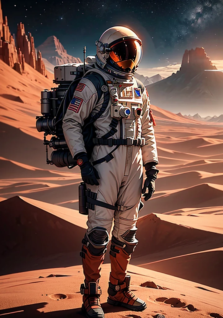 Create a detailed illustration of a standing astronaut, facing forward, in full space gear, including helmet, gloves, and boots. The background should depict the Martian landscape with red rocky terrain, dust, and distant mountains.