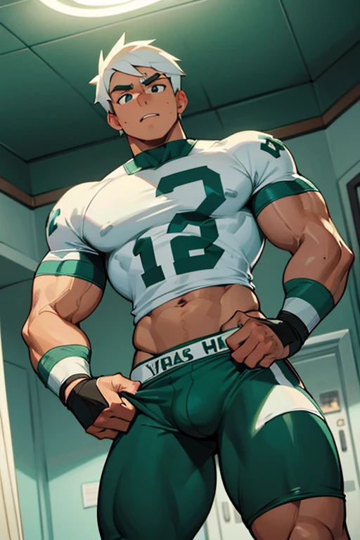 Danny Phantom, ghost, hypnosis, jock, conversion, locker room, hyper muscles, jockstrap, bro, meathead, hypnotized, brainwashed, brainwashing, big dumb jock, football. Danny Fenton is hypnotized by Dash to become another dumb football jock bro. Glowing green eyes. Hyper crotch bulge. Big biceps. Big triceps. Big traps. Broad shoulders. Big meaty pecs. Big thighs. Thick glutes. Football team assimilation. "Me? On the football team? With DASH? Are you crazy?! I would–! I would—! I ... I ... WOULD LOVE TO, BRO. Why didn't you ask me sooner...?" glazed expression. dumber and dumber.