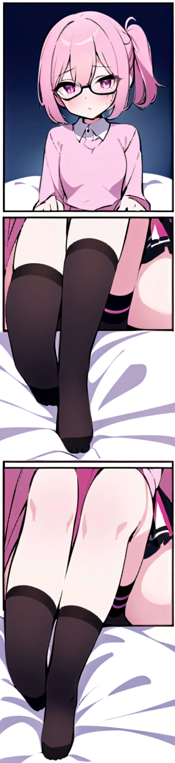 pink hair black glasses pink eyes extremely blushing a big pink sweater short black short skirt black stockings be a reserved girl her bed