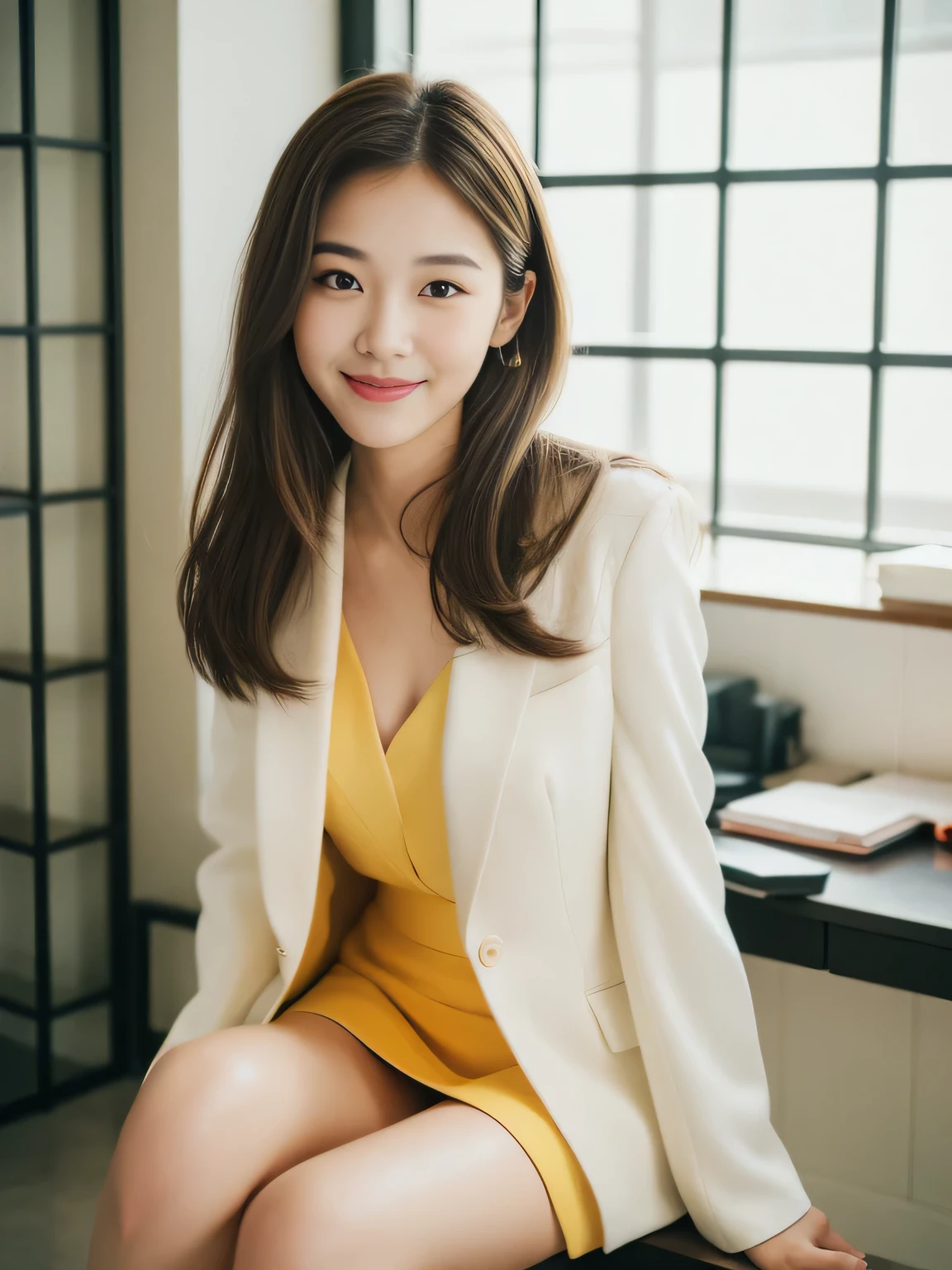 ((Highest quality, 8K, masterpiece: 1.3)), beautiful girl, Pure, Melon face, Kind and cute, sweet smile, Pure desire, Slender body, (front), (Tilt your head), ((Looking into the camera) ), Yellow office suit and short skirt, long black hair, length, Flowing shoulders, big, round, Iris, clear, Big eyes, Moist red lips, sweet, Sitting in the office, Office Background, Randomly oriented bodies, (whole body),