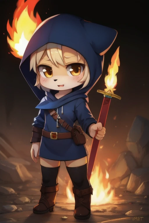 Gat chibi, with hood and fire sword,