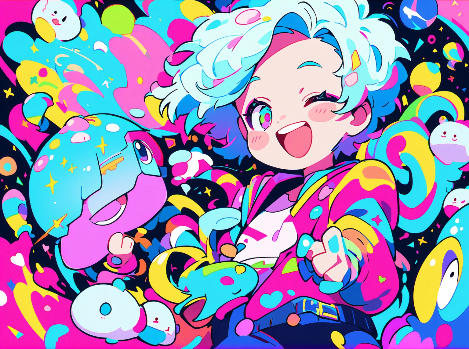 vibrant art,Pop music、bright、rich and colorful, 1 male, Light blue hair, short hair、Happy,Lovely, Animation Style, Kawaii, Clearly, rich and colorful cyberpunk, bubblegum Pop music, Lovely、pink、Light blue as main color、I'I大声欢呼、 Wearing headphones、Headphone music、