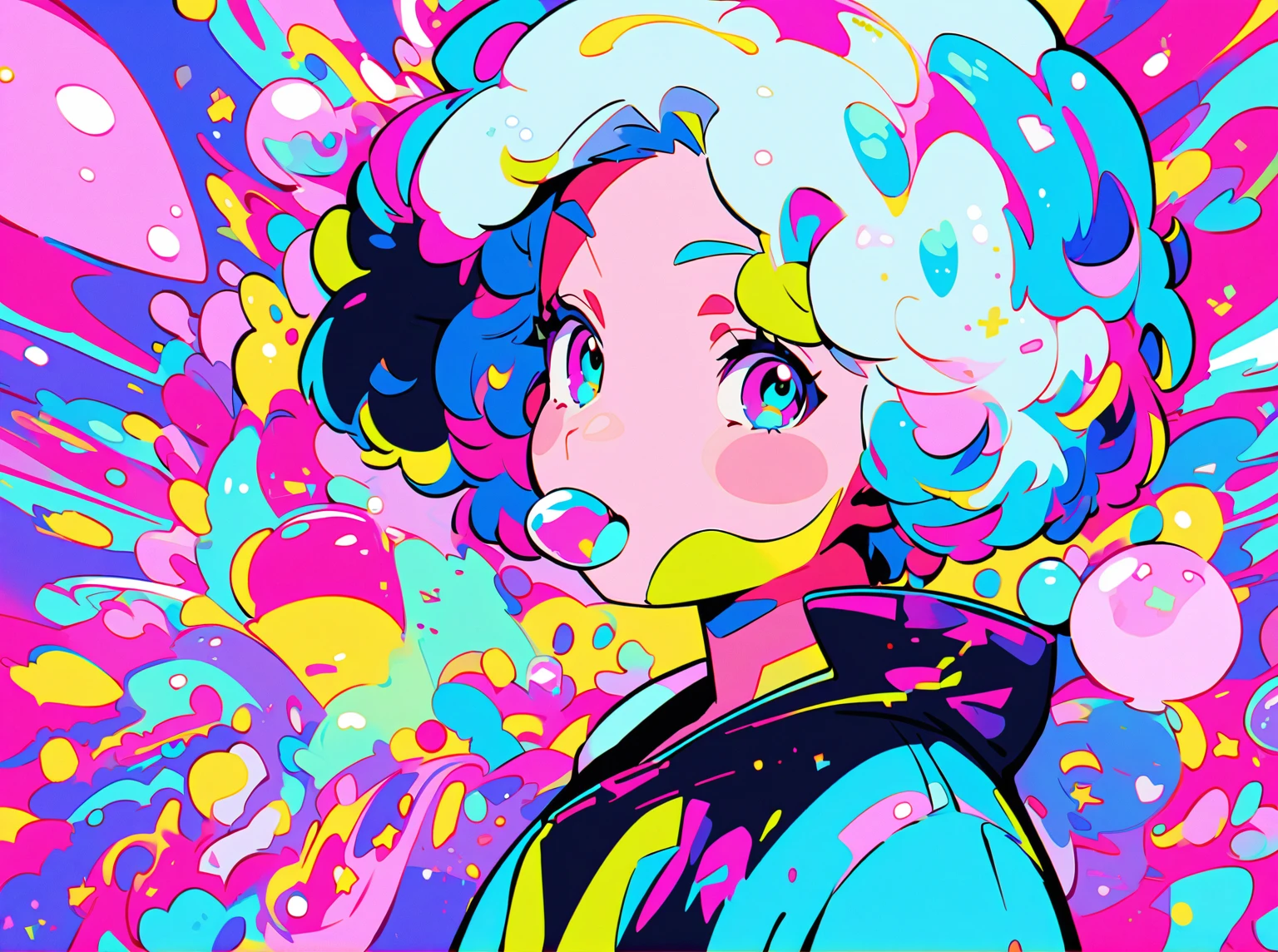 vibrant art,Pop music、bright、rich and colorful, 1 male, Light blue hair,　short hair、Happy,Lovely, Animation Style, Kawaii, Clearly, rich and colorful cyberpunk, bubblegum Pop music, Lovely、pink、Light blue as main color、I&#39;I大声欢呼、　Wearing headphones、Headphone music、