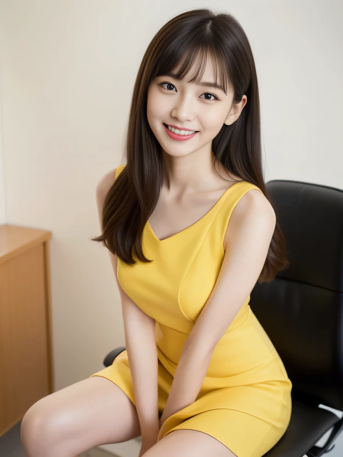 ((Highest quality, 8K, masterpiece: 1.3)), beautiful girl, Pure, Melon face, Kind and cute, sweet smile, Pure desire, Slender body, (front), (Tilt your head), ((Looking into the camera) ), Yellow office suit and short skirt, long black hair, length, Flowing shoulders, big, round, Iris, clear, Big eyes, Moist red lips, sweet, Sitting in the office, Office Background, Randomly oriented bodies, (whole body),