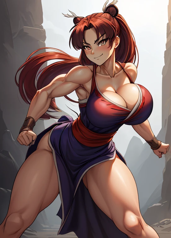 ((Masterpiece)), ((Best Quality)), (4K quality), ((Detailed face:1.2), (Detailed eyes:1.2), (Detailed pupils:1.2), (Merge Kagome Higurashi with Mai Shiranui), 25 years old, matured face, beautiful detailed eyes, ultra detailed eyes, extremely detailed face, large breasts, cleavage, very busty, big hips, strong muscles, athletic physique, She stands tall while wearing a red Kunoichi dress, pelvic curtain, arm guards and gloves. She's looking directly at the camera with an confident smirk. Her gaze is both alluring and fierce as she is in a fighting stance, female fighter, she's a martial artist, (Throwing a punch:1.1). ((bouncing breasts, unaligned breasts, bouncy breasts:1.2)), motion line, Motion Blur. Full body portrait, Perfect Anatomy,(Professional Lighting), 4k textures, raw photo, epic artistic, photoreal art, sharp focus, even lighting, insane details, intricate details, hyperdetailed, rich colors,
