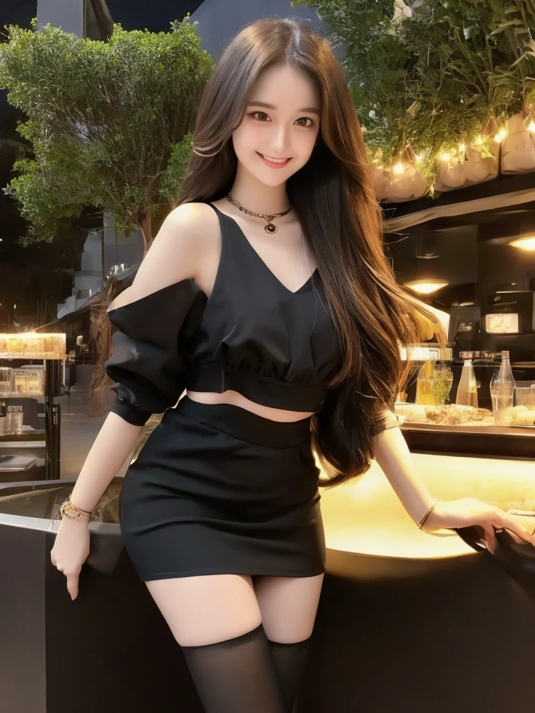 1 woman,long hair,brown hair,yellow eyes,Wear a black cropped waist dress.,Wear a black miniskirt.,Wear a small cross necklace.,Put on the bracelet.,Wear a small collar,Light makeup,Smiling, turning towards the camera,Wear black stockings,Not a bra,Not wearing underwear,chubby