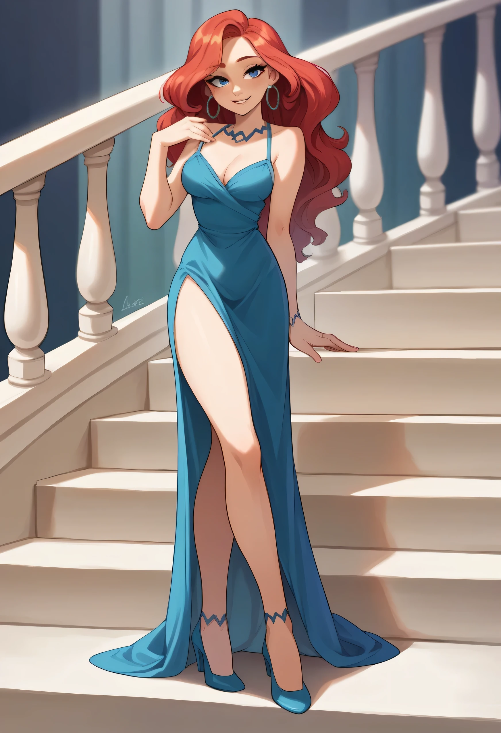 masterpiece, best quality, highly detailed, score_9, score_8_up, score_7_up, score_6_up,source_anime, BREAK, Chelsea, 1girl, solo, long red hair, beautiful face, blue eyes, blue evening dress, stairwell, highly detailed, shaded, high heels, solo, soft light, seductive smile, jewelry, hoop earrings, Stepping down, Cartoon style