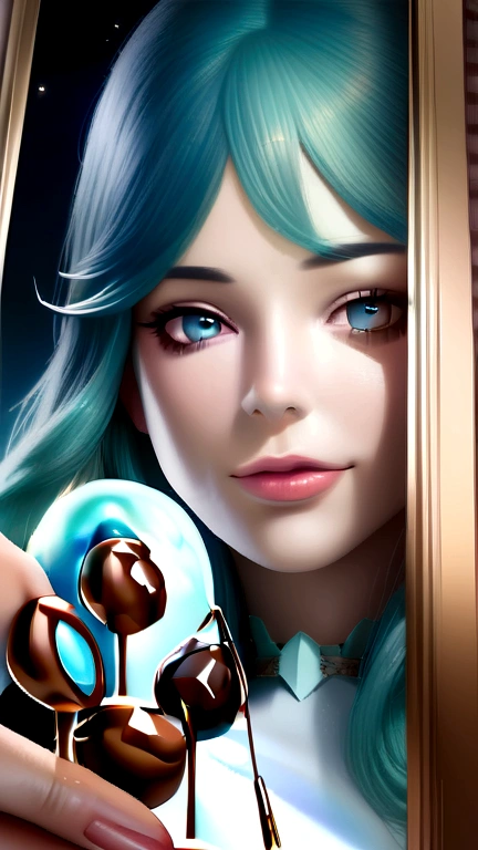 a cute girl with light blue hair and long hair, light blue eyes, eating chocolate mint ice cream, surrounded by chocolate mint ice cream, smiling, with light particles and light showers, (best quality,4k,8k,highres,masterpiece:1.2),ultra-detailed,(realistic,photorealistic,photo-realistic:1.37),extremely detailed eyes and face, beautiful detailed eyes, beautiful detailed lips, longeyelashes,portrait,fantasy,magic,ethereal,whimsical,soft lighting,pastel colors