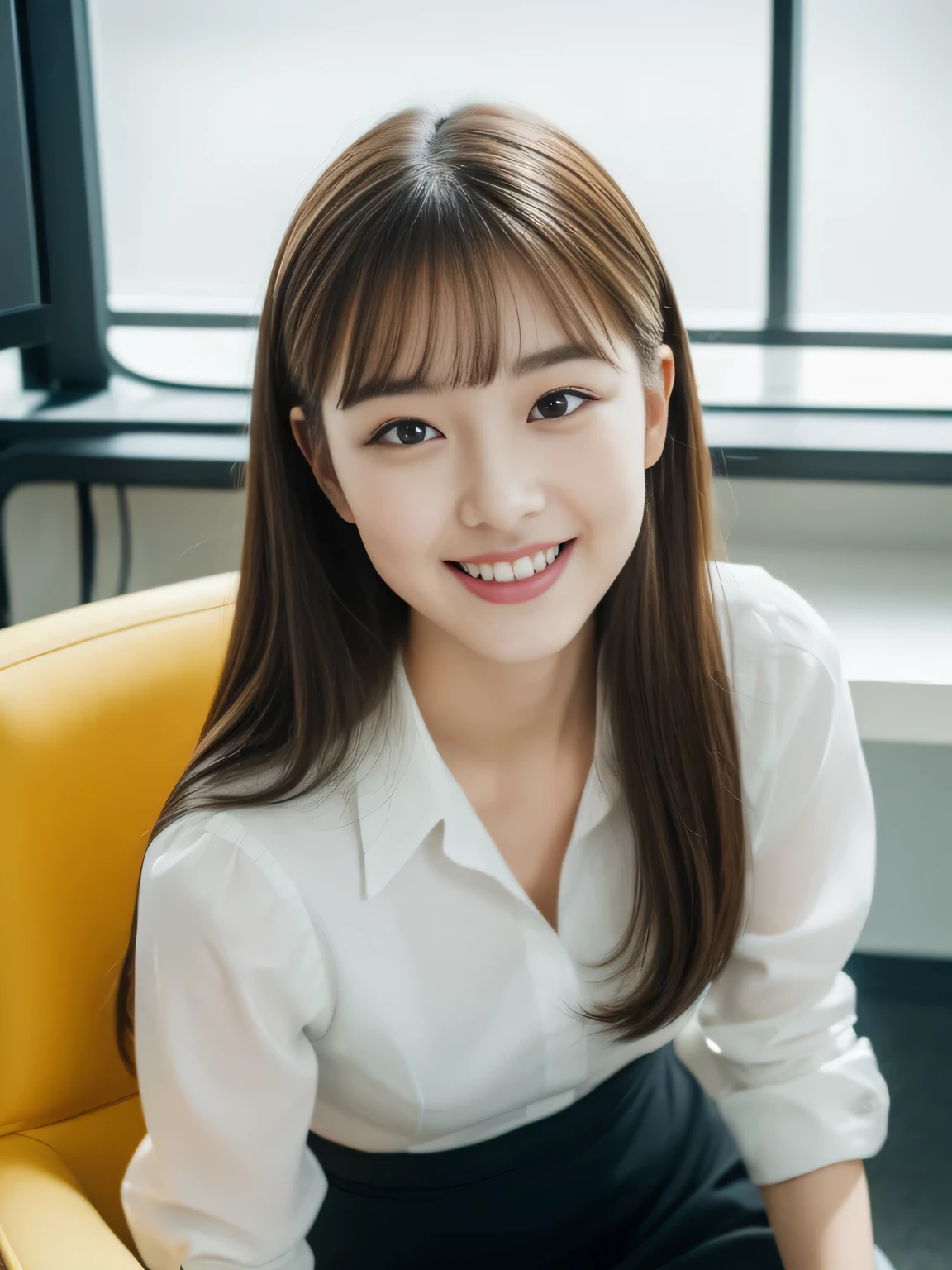 ((Highest quality, 8K, masterpiece: 1.3)), beautiful girl, Pure, Melon face, Kind and cute, sweet smile, Pure desire, Slender body, (front), (Tilt your head), ((Looking into the camera) ), Yellow office suit and short skirt, long black hair, length, Flowing shoulders, big, round, Iris, clear, Big eyes, Moist red lips, sweet, Sitting in the office, Office Background, Randomly oriented bodies, (whole body),