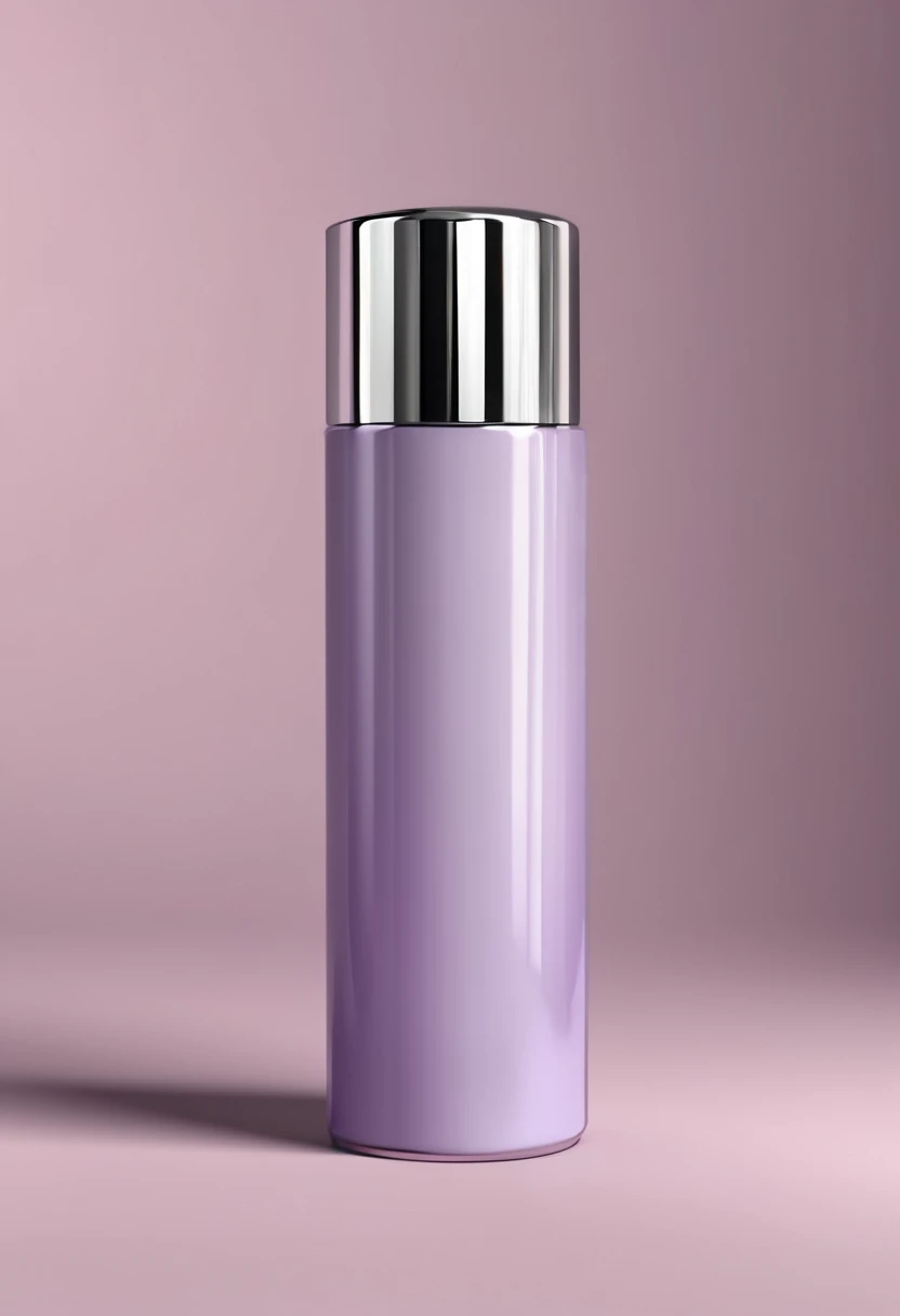 Cylindrical cosmetic bottle, light purple liquid inside, silver metallic cap, best image quality.