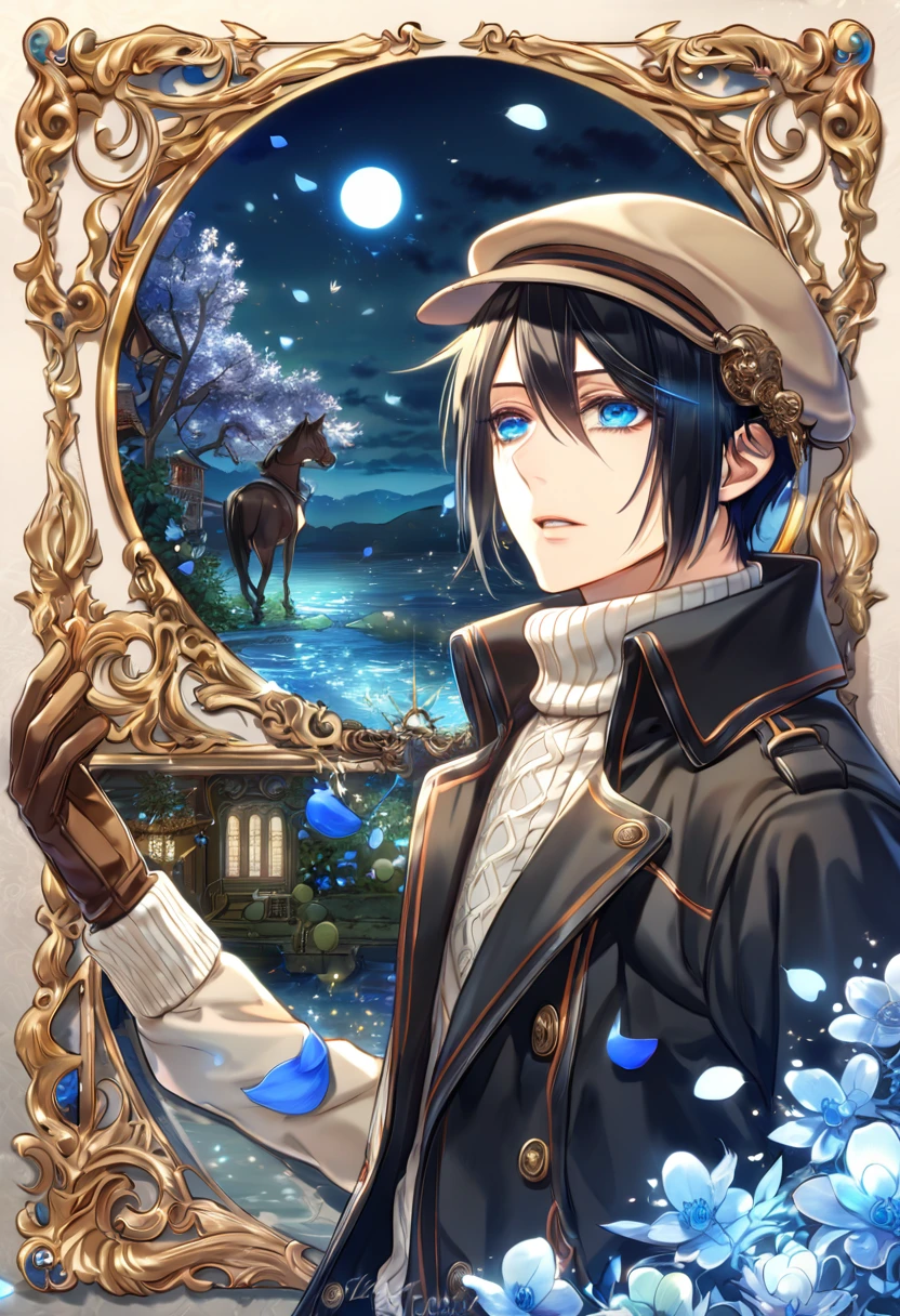 absurdres, highres, ultra detailed, HDR, master piece, Yoite, black hair, expressive blue eyes, black trench coat, white sweater, Nabari No Ou, sexy man, light brown beige cap, brown gloves, handsome, best quality, blue moon, flowers, fantasy, magical, solo, water, blue shining fireflies, blue petals,