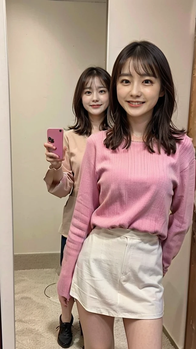 (8K、RAW Photos、Highest quality、masterpiece:1.2)、(Realistic、Realistic)、1 Girl、((blouse、Take a selfie through the mirror、smile、View from the front、smile、Are standing))、