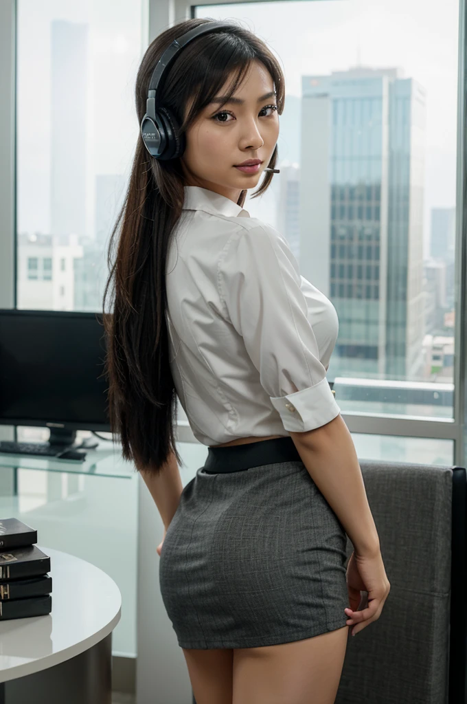 [[((young attractive Asian woman:1.6)), ((Sophie Tan:1.5)), standing by a window in a BPO office, with her back to the camera. She is wearing ((a tight, short business skirt with a fitted blouse and a headset:1.4)), portraying her as an efficient virtual assistant. Her hair is styled in a high ponytail, and she has a seductive, confident gaze over her shoulder. The background features office cubicles, a window with city views, and office decor. The scene is captured with a ((digital SLR:1.4)) using a ((24-70mm zoom lens:1.4)) for versatility in framing. Post-production enhances the natural office lighting and adds a ((soft bokeh effect:1.3)) to the background. The image should be in ((8K resolution:1.5)) with ((hyper-realistic detail:1.6)). The backdrop highlights the BPO office with detailed textures of cubicles and city views. The focus is on Sophie's business attire and headset, along with her seductive, confident gaze, capturing the essence of a sexy virtual assistant. The overall composition is designed to evoke a sense of professionalism and allure, making it a captivating feature image for any publication.]]