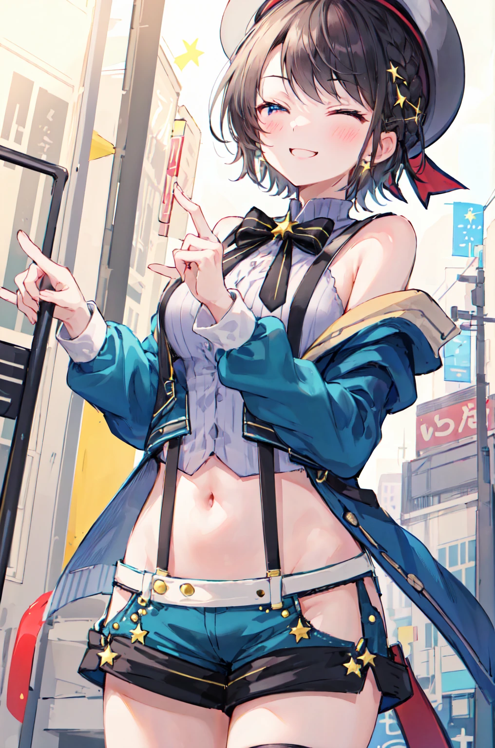 2D, masterpiece, Highest quality, anime, Very detailed, Cowboy Shot, One girl, alone, subaru_suspenders, subaru_suspenders, French Braid, Blue jacket, Grey Shirt, Black bow tie, star \(symbol\), Blue shorts, abdomen, Grey hat, Grey socks, Are standing, Outdoor, smile 、Eyes closed、A big smile