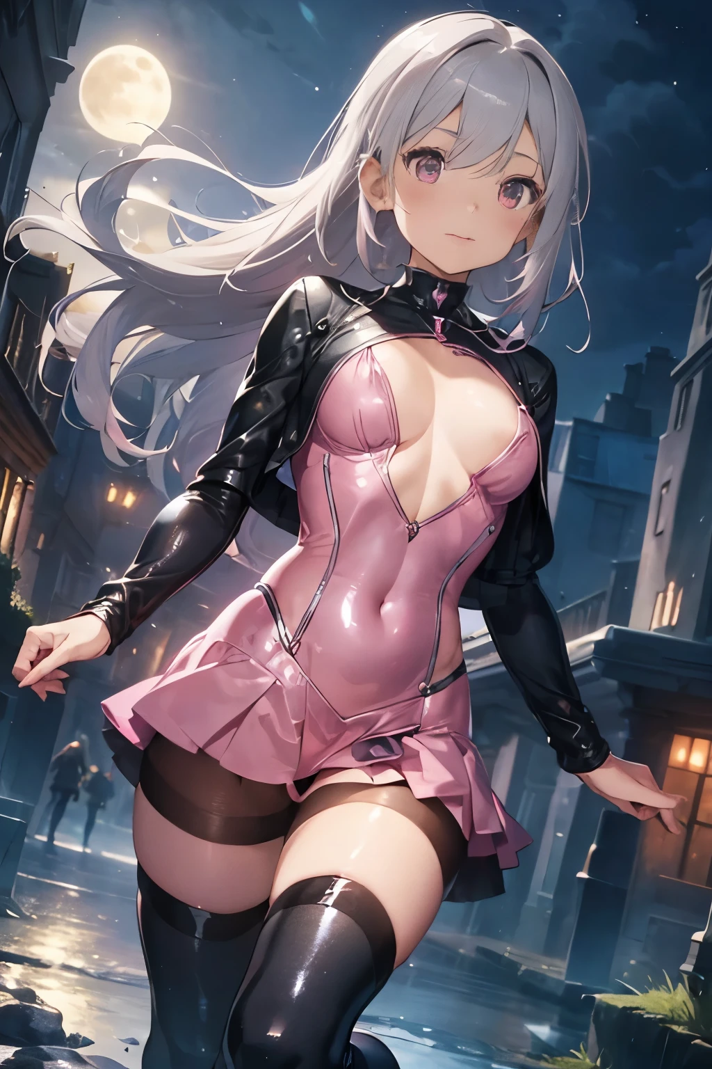 One Woman,14 years,((Gray Hair) ,((())), ((Normal chest)), (())(()),(Shiny pink bodysuit and microskirt))),,((Fantasy,Moonlit Night))(())