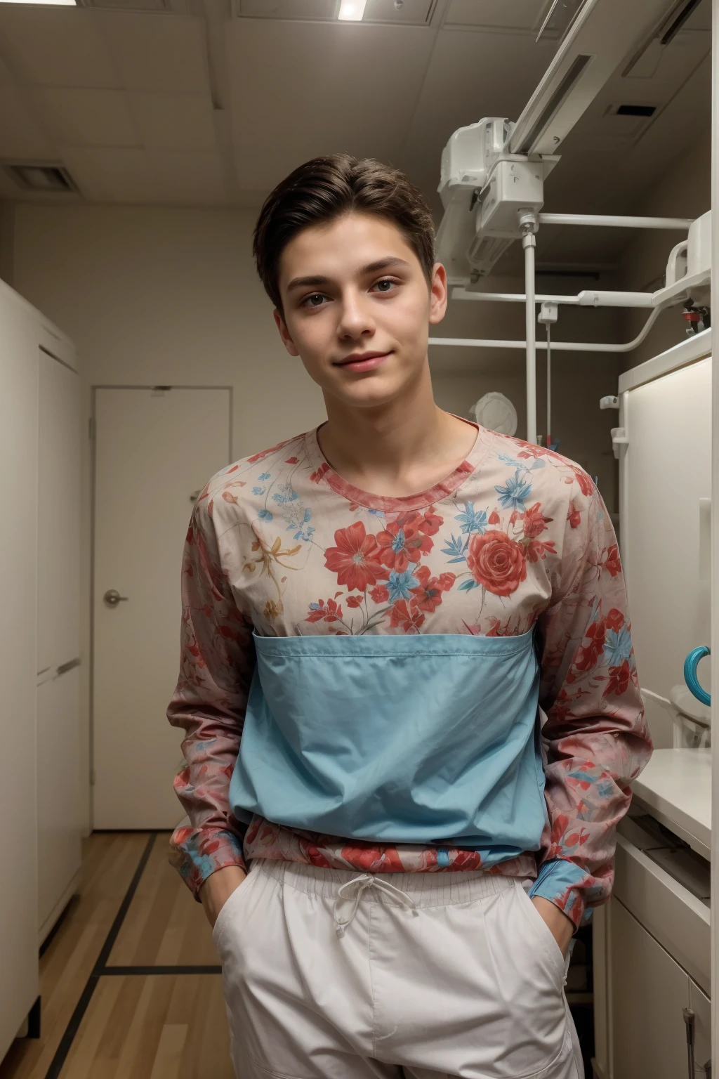 A beautiful young male twink with a face with reddish makeup. He has black hair. He is wearing a long-sleeved, white, printed shirt and aqua blue pants. He is in the surgical operating room, with medical equipment and medical instruments behind him, and behind him, he looks proudly.
