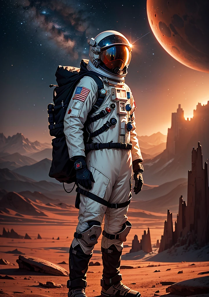 Create a detailed illustration of a standing astronaut, facing forward, in full space gear, including helmet, gloves, and boots. The background should depict the Martian landscape at night with a dark sky filled with stars, red rocky terrain, dust, and distant mountains illuminated by a subtle, eerie glow.