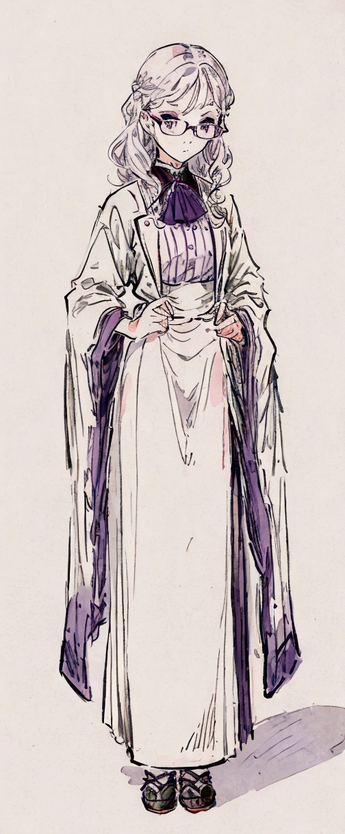 painel anime: girl, fair skin, violet eyes, short wavy white hair, wears glasses, formal clothes.