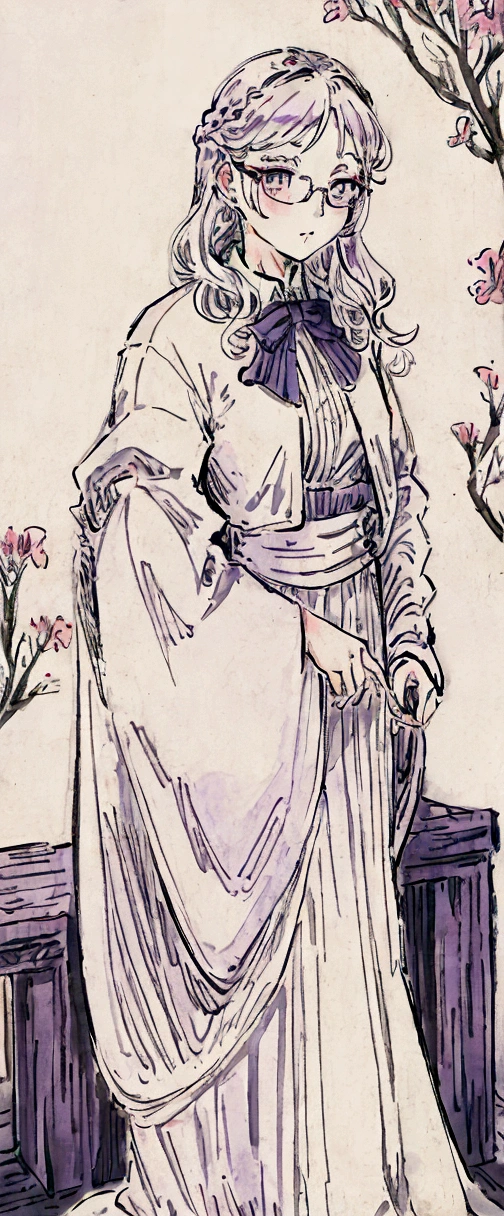 painel anime: girl, fair skin, violet eyes, short wavy white hair, wears glasses, formal clothes.
