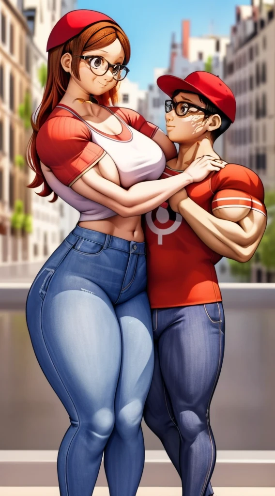 (masterpiece, best quality:1.2), A couple , boy Nino Lahiffe: Brown skin, dark hair, usually seen wearing a red cap, glasses, and casual clothing like a T-shirt and jeans, and a girl Alya Césaire: Brown skin, curly dark brown hair, often wears glasses, and typically seen in stylish, casual outfits. A casual day out with both characters in their everyday attire,Sharing a tender moment, like sitting on a rooftop overlooking Paris..(girl and boy:1), smiling, ((high resolution illustration)), ((extremely detailed)), (couple), Alya, Nino, Nino X Alya, (best quality,4k,8k,highres,masterpiece:1.2), ultra-detailed, realistic:1.37, HDR, studio lighting, extreme detail description, nino wearing a red cap, professional, vibrant colors, bokeh, ((muscular female bodybuilder)), detailed lips, strong embrace, romantic scene, intimate moment, intense passion, athletic bodies, fitness couple, gym background, muscular definition, sculpted muscles, sweat glistening, powerful kiss, muscular ar