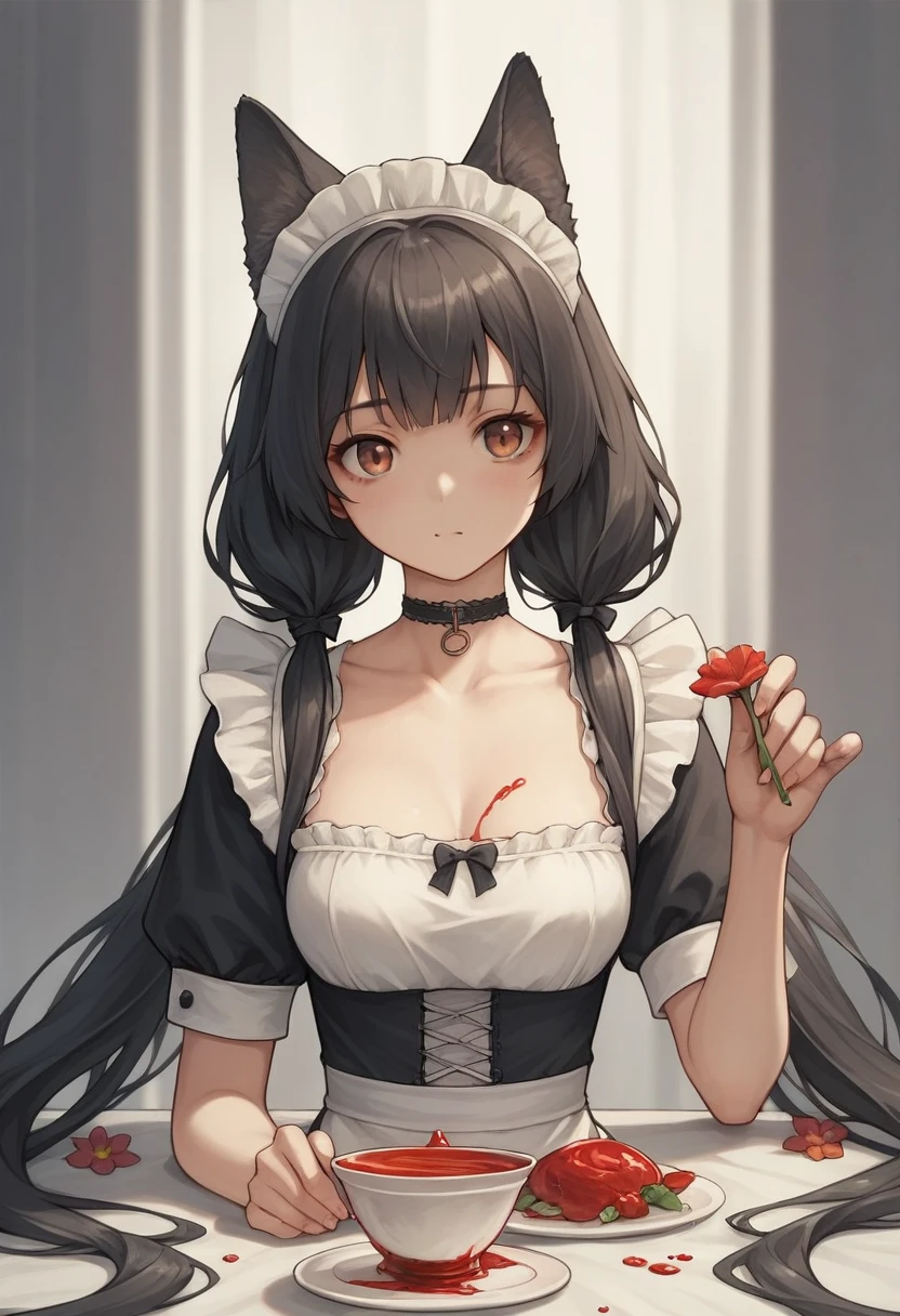 score_9, score_8_superior, score_7_superior, score_6_superior, score_5_superior, score_4_superior, sauce_anime, It 1, flower, Twin tails, low Twin tails, Very long hair, Dog Girl, choker, Maid's Headdress, Black kimono, Wide sleeves, Frills, heart, White apron, Sleeves are longer than the wrist, skirt, red skirt, Brown footwear, Cross-laced shoes, cherry blossoms, :3, smile, tooth, Open your mouth, whole body, leg superior, garden, Grass, View your viewers