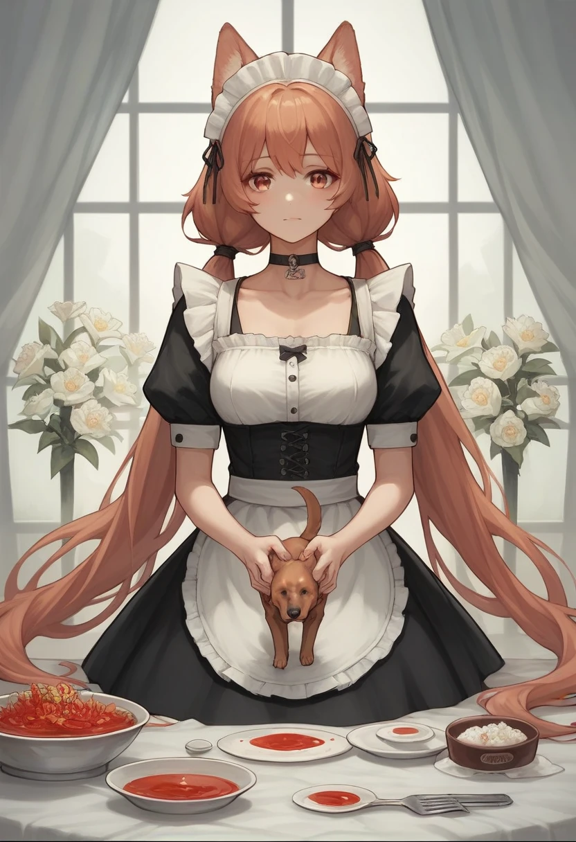 score_9, score_8_superior, score_7_superior, score_6_superior, score_5_superior, score_4_superior, sauce_anime, It 1, flower, Twin tails, low Twin tails, Very long hair, Dog Girl, choker, Maid&#39;s Headdress, Black kimono, Wide sleeves, Frills, heart, White apron, Sleeves are longer than the wrist, skirt, red skirt, Brown footwear, Cross-laced shoes, cherry blossoms, :3, smile, tooth, Open your mouth, whole body, leg superior, garden, Grass, View your viewers