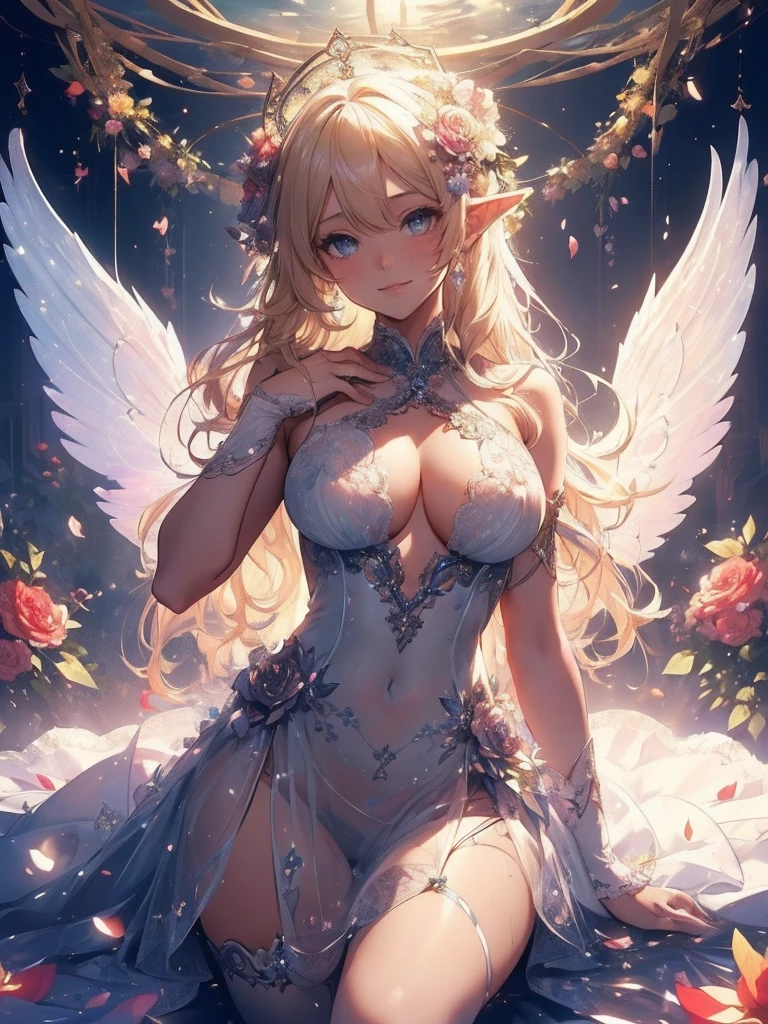 最high quality、1 beautiful woman,Angel ((cowboy shot ))、View from the front、美しい虹Farbeに輝く翼、Big angel wings、Wet、Beautiful groin、detailed groin、、Blushing、親しいsmile、Ecstasy、Beautiful thighs、Filled with roses、Lots of roses、Floral Throne、 Magnificent Fairy Throne、flower fractal fine art、Fill the screen with flowers、Bigger on the screen、Beautiful Eyes、、Fairy tale、Märchen Beautiful Eyes,High-definition depiction, Realistic, 8K, Unity, , light smile, Beautifully and vividly drawn, , Beautiful, beautiful, clear skin、sexly see-through bodystocking ,sexly 、Ecstasy、 Raise your arms behind your head, Romanticism,mosquito。 The most beautiful form of chaos, Mr..々Farbe, Intertwined flowers, P article,Magical gentle light,smile,sexy,image quality、masterpiece、Beautiful Face、Super beautiful woman((Big breasted 22 year old office lady、Bust 100,Beautiful long ironed hair、Blonde Hair、height: 165cm。、sexy、Esbian、high quality、、Visual Arts、最high quality、1 woman NP: Worst quality ,Flower fractal art、、Beautiful radiance,High-definition depiction, Realistic, 8K, Unity, , light smile, Beautifully and vividly drawn, , Beautiful, beautiful, clear skin、sexly ((、see-through dress,))Countless rays of light pouring down, Swirling Light, , Raise one arm above your head, Intense light is emitted from the magic flower circle front of the girl. Romanticism,: The most beautiful form of chaos, Mr..々Farbe, Intertwined flowers, Particle,magical gentle light,smile,sexly,image quality、masterpiece、Beautiful Face、Super beautiful elf woman((Big breasted ,Beautiful 、sexly、Esbian、、high quality、Visual art、Written boundary depth、、elf Ears、、universe、Happy smile、、、elegant、ticker beautiful decorative、、magic、、Beautiful bed、A kind smile、wonderful、Fluttering petals、、Cultivate fantasy、、Mystery light Lots of flowers、、art、art,mystery,Ultra-high resolution,atmosphere 最high quality、