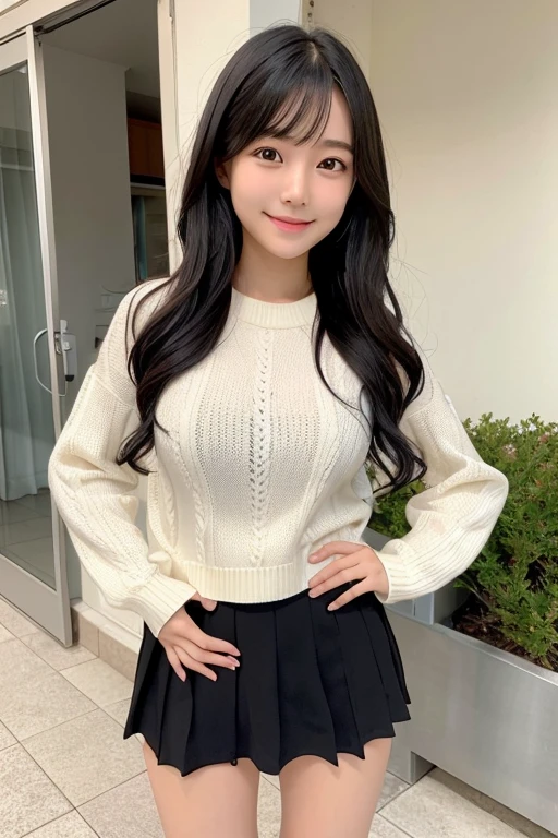 (Highest quality)、(Highest quality)、Japanese、smile、Childish、cute、20-year-old、Black Hair、Dark Eyes、semi-long、Smooth、D Cup、Breast enlargement、Summer Sweater、mini skirt