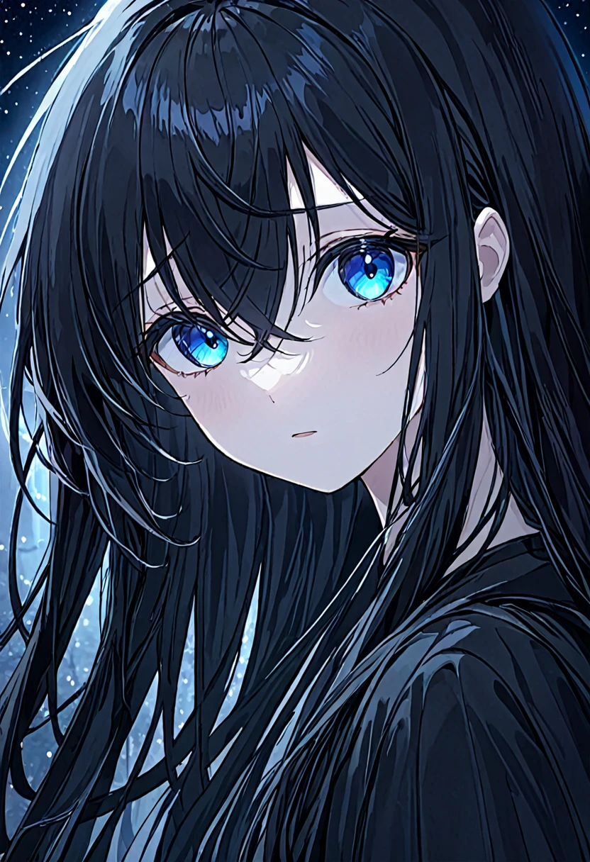 girl.Her hair is black.Beautiful eyes.The blue eyes.At night time.
Black flowing hair. I grow.nocturnal.Sad.Quiet