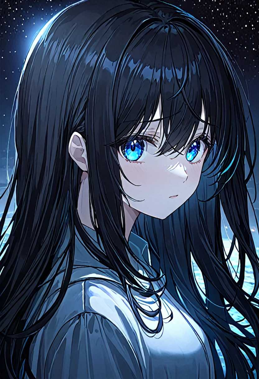 girl.Her hair is black.Beautiful eyes.The blue eyes.At night time.
Black flowing hair. I grow.nocturnal.Sad.Quiet