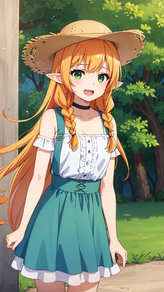 masterpiece, best quality, highres, light blue dress, long dress, long hair, blonde hair, black choker, green eyes, straw hat, elf ears, bare shoulders, purple short shorts, suspenders, orange hair, twin braids, brown eyes, white shirt, happy, open mouth, cowboy shot, Forrest