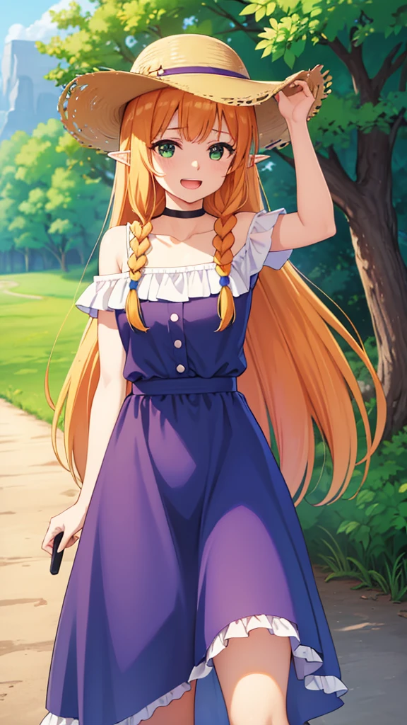 masterpiece, best quality, highres, light blue dress, long dress, long hair, blonde hair, black choker, green eyes, straw hat, elf ears, bare shoulders, purple short shorts, suspenders, orange hair, twin braids, brown eyes, white shirt, happy, open mouth, cowboy shot, Forrest