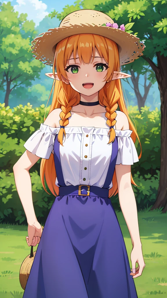 masterpiece, best quality, highres, light blue dress, long dress, long hair, blonde hair, black choker, green eyes, straw hat, elf ears, bare shoulders, purple short shorts, suspenders, orange hair, twin braids, brown eyes, white shirt, happy, open mouth, cowboy shot, Forrest