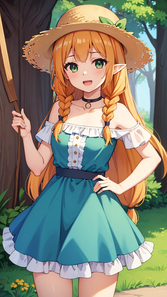 masterpiece, best quality, highres, light blue dress, long dress, long hair, blonde hair, black choker, green eyes, straw hat, elf ears, bare shoulders, purple short shorts, suspenders, orange hair, twin braids, brown eyes, white shirt, happy, open mouth, cowboy shot, Forrest