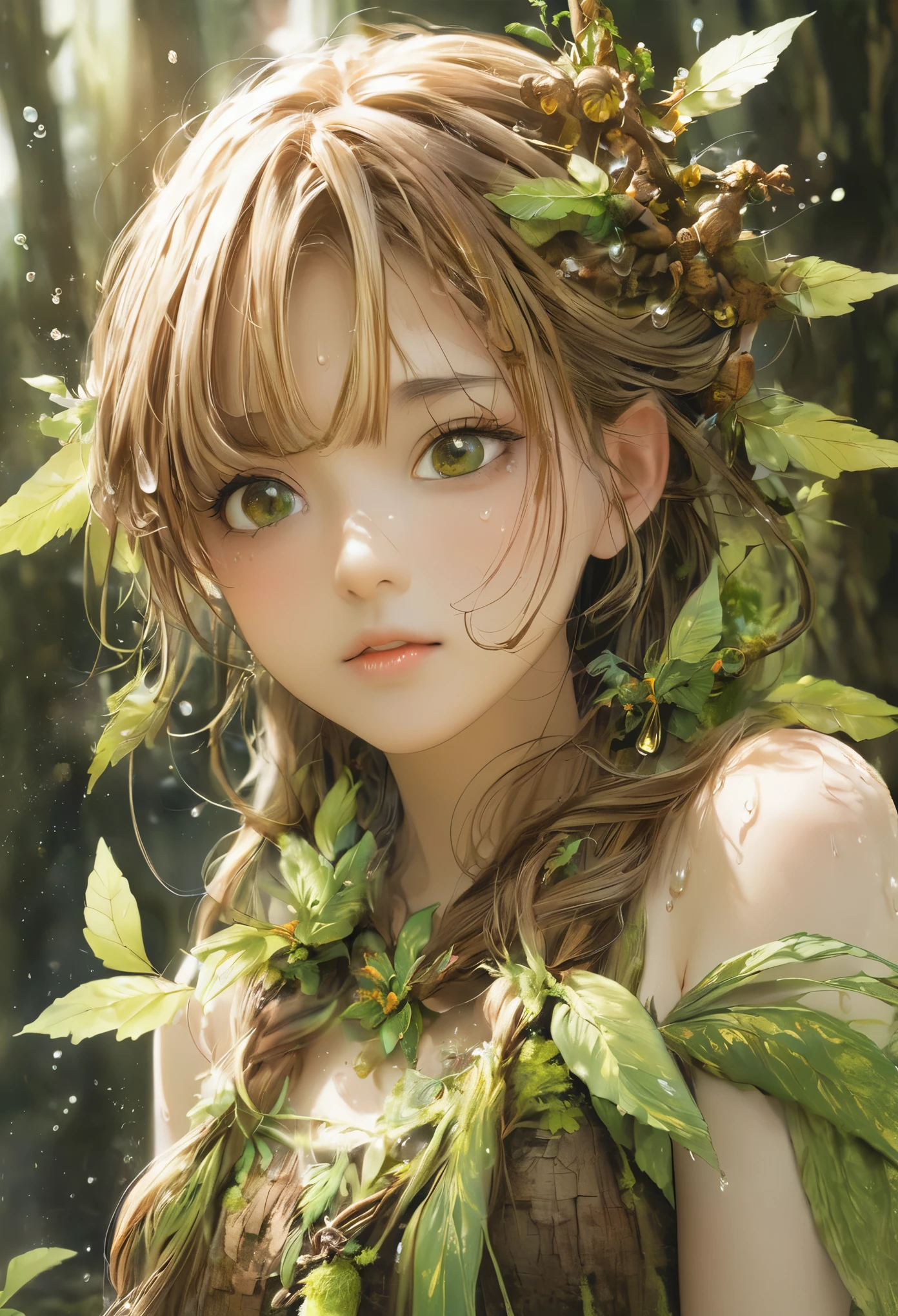 One girl, Female tree spirit, Wood Hair, Internal boiling acetic acid, Put a few drops of acetic acid on the skin,