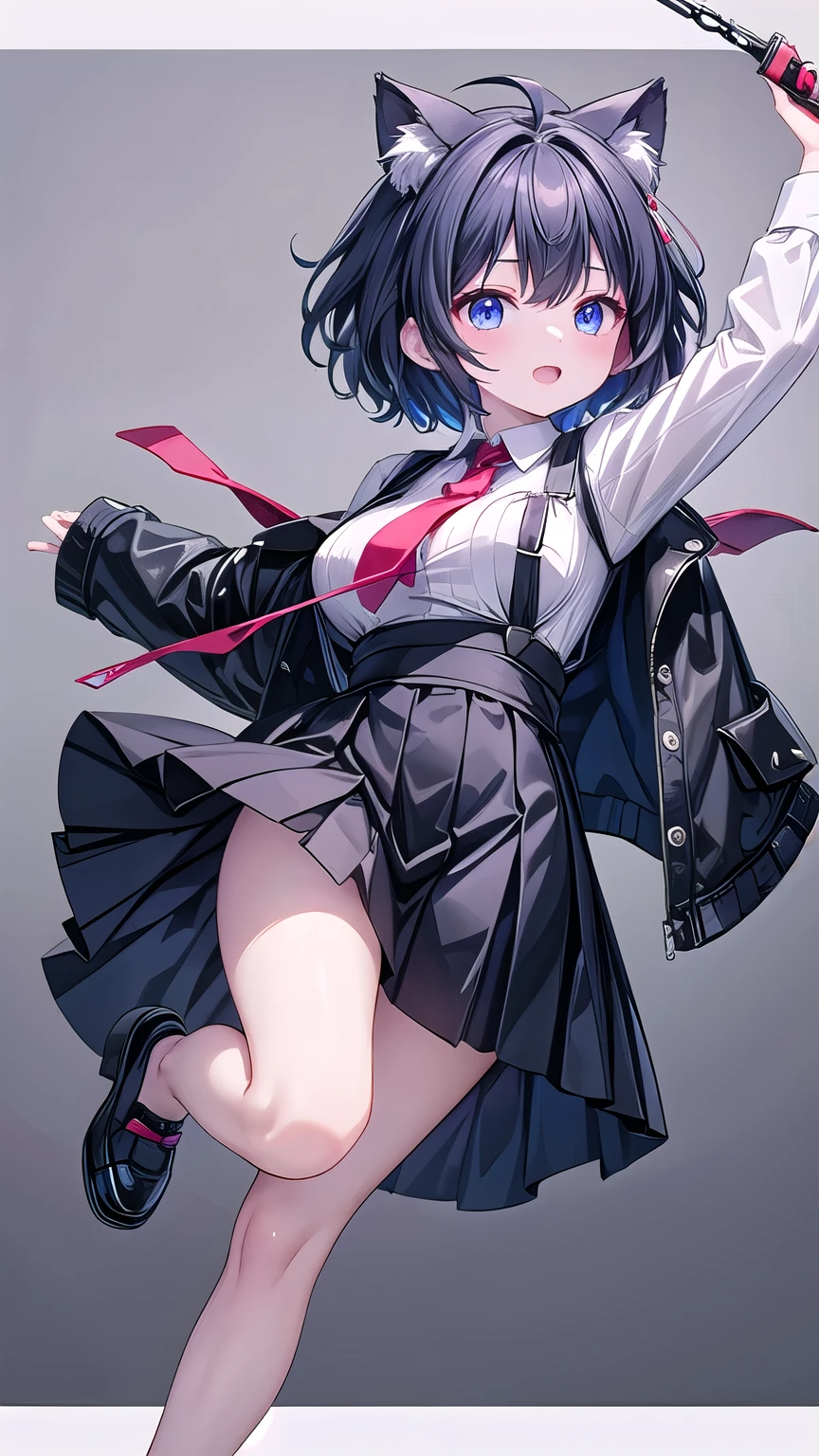 ((upright)), ((Swing your arms to the side)), Looking at the audience, Simple Background、White Background, 1 girl, Open your mouth, smile, Virtual YouTuber、With a girl、((Highest quality, expensive_solve, clear_image)),(Black Hair), (Black cat ears), (Ahoge), (Ridiculously short hair), (Wavy Hair),Red earring color (blue eyes),、Laughter、Very large breasts、whole body、I can see her cleavage、(wearing shoes on feet), (is wearing like the police dress shirt),((Suspender belts)),black necktie,holster,Pocket to hold a gun,((good girl)), detailed and beautiful eyes man, good looking,((an extremely delicate and beautiful)),make the eyes the same shape and color on both sides,Character Sheet,Character Reference Sheet, ((View from the front, Side view)) Symmetrical elements in clothing,