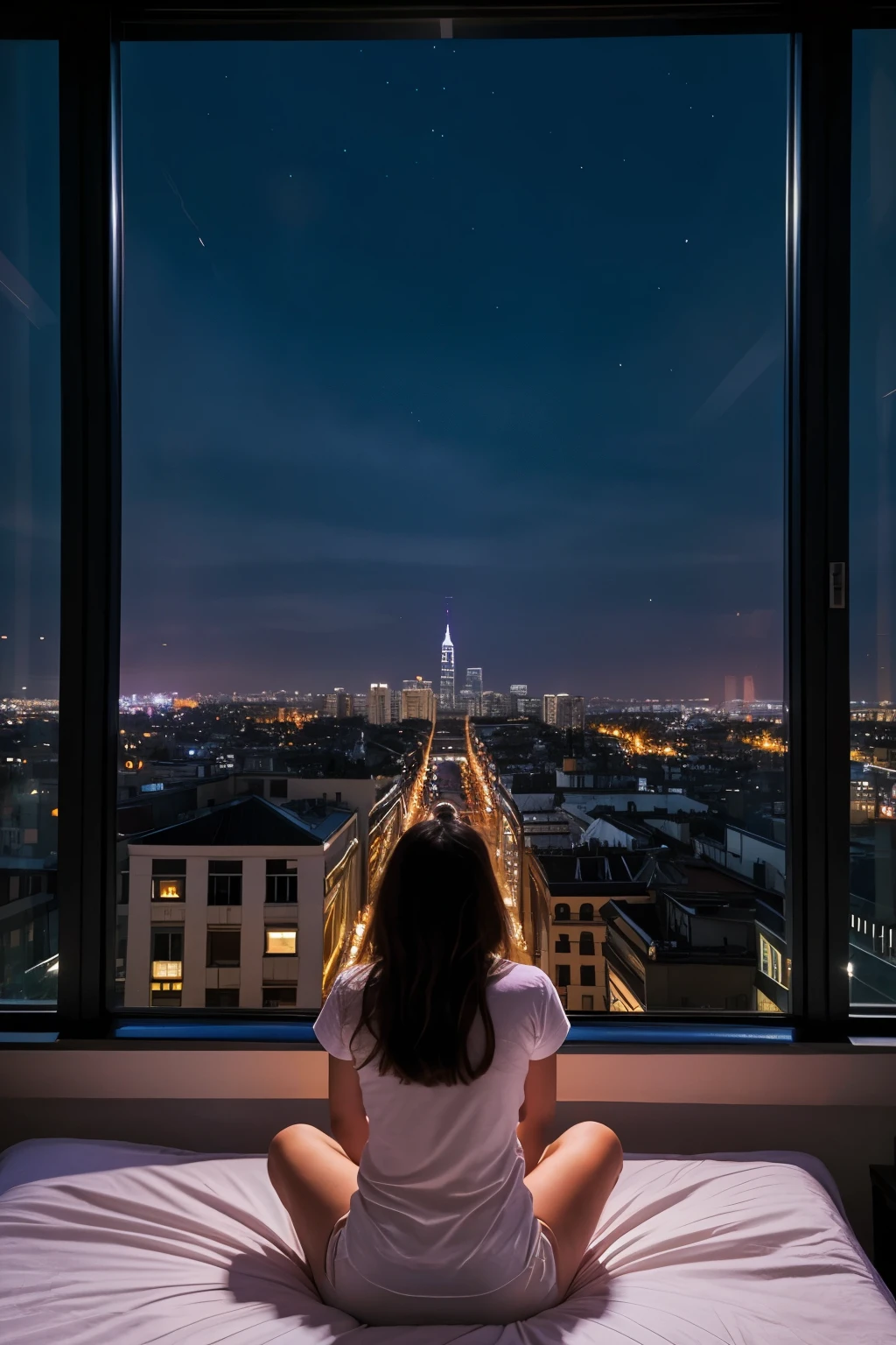 ((Best Quality)), ((Masterpiece)), (detailed), 1 girl watching the city, sitting on bed on back, watching city from tall building, night atmosphere with purple and orange lights