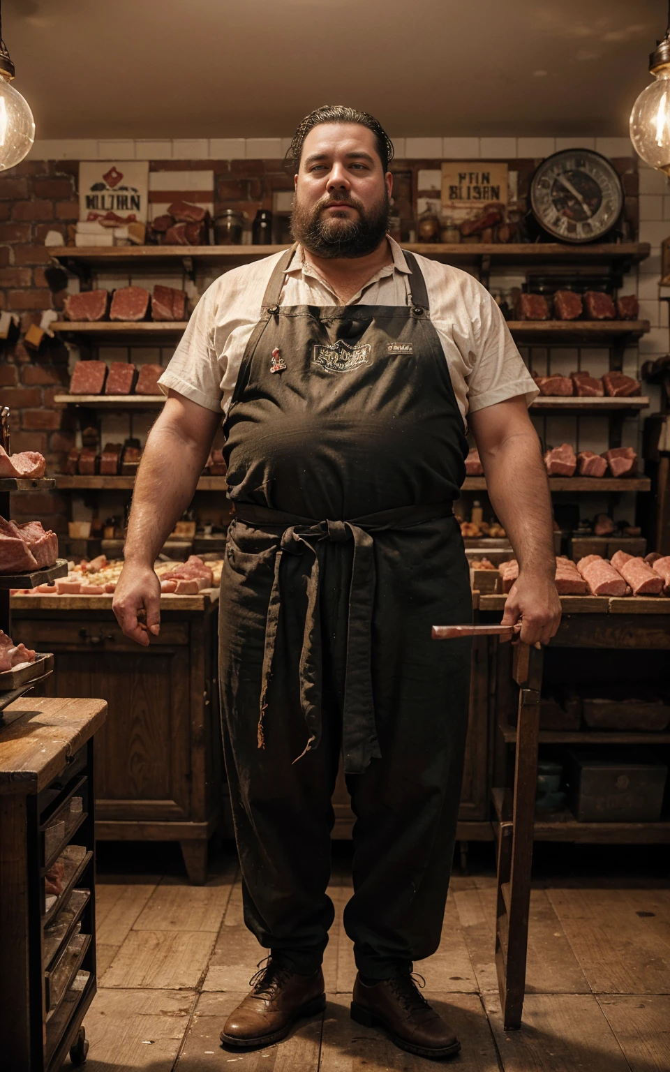 Create a hyperrealistic image of a 1940s butcher shop filled with detailed objects typical of the era. A man selling butcher clothes covered in blood, looking like a member of the French Foreign Legion, was cutting meat with a large machete. He was standing at a wooden butcher block, slicing large chunks of meat into pieces. The shop was busy with customers, all watching in confusion, including the fat man with his . The atmosphere captures the essence of the 1940s with chandeliers, vintage posters and shelves filled with various items. These scenes are rich with intricate details, creating an immersive and authentic experience. hyperrealistic, HDR, 15K, accurate detailed images