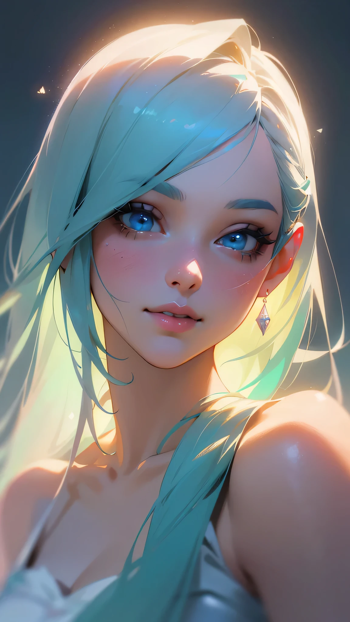 a cute girl with light blue hair and long hair, light blue eyes, eating chocolate mint ice cream, surrounded by chocolate mint ice cream, smiling, with light particles and light showers, (best quality,4k,8k,highres,masterpiece:1.2),ultra-detailed,(realistic,photorealistic,photo-realistic:1.37),extremely detailed eyes and face, beautiful detailed eyes, beautiful detailed lips, longeyelashes,portrait,fantasy,magic,ethereal,whimsical,soft lighting,pastel colors