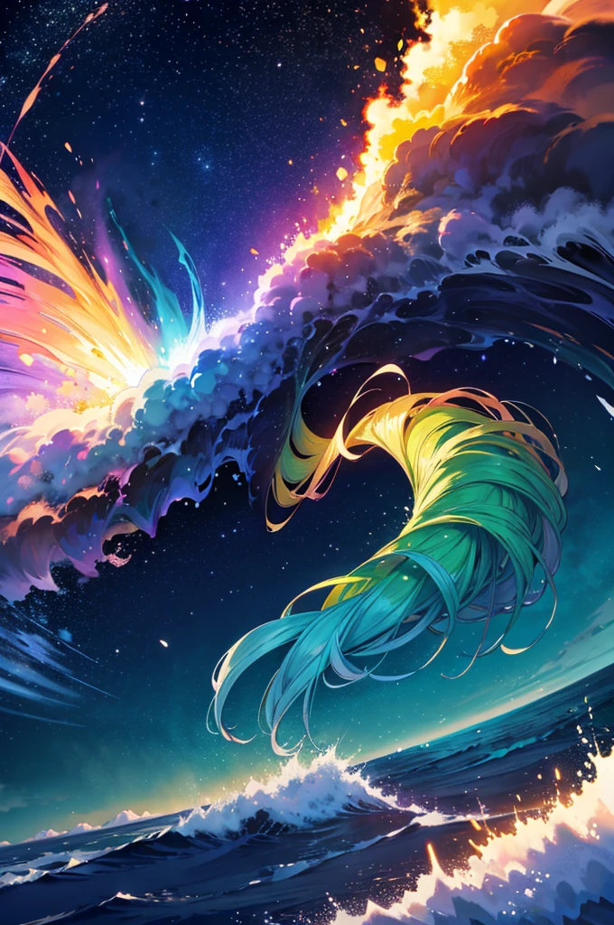 golden light, fire explosion, purple waves crashing behind, green and blue tornado, white blizzard