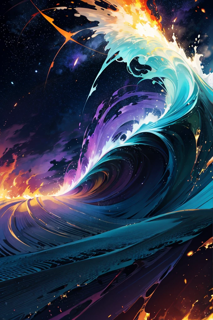golden light, fire explosion, purple waves crashing behind, green and blue tornado, white blizzard