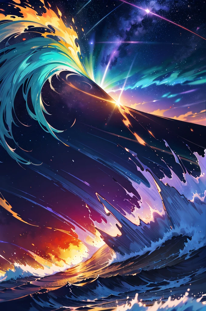 golden light, fire explosion, purple waves crashing behind, green and blue tornado, white blizzard