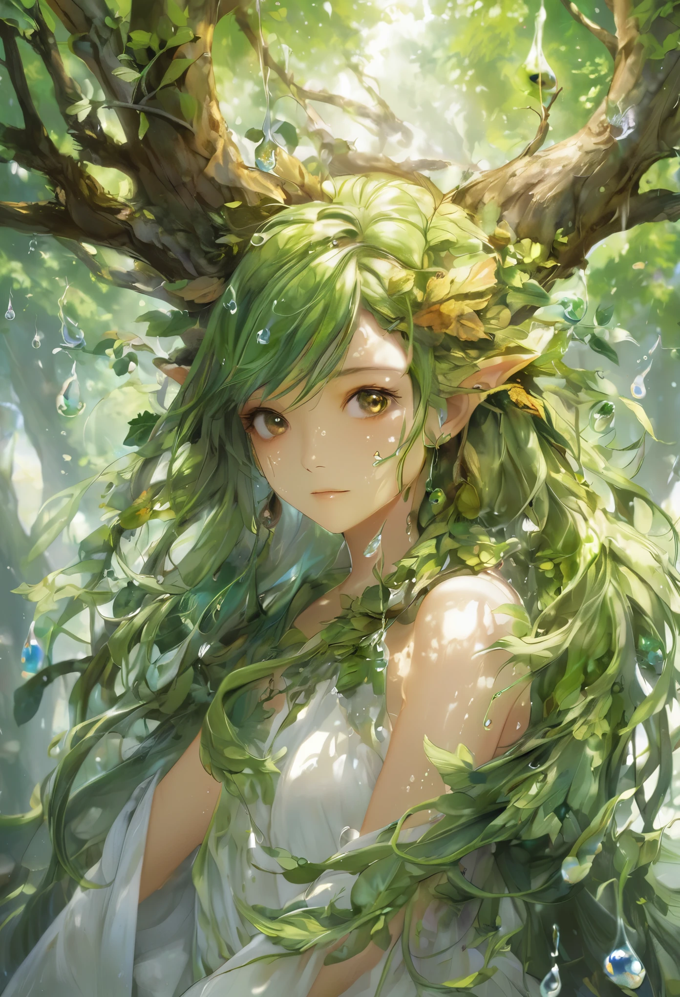 One girl, Female tree spirit, Wood Hair, Internal boiling acetic acid, Put a few drops of acetic acid on the skin,