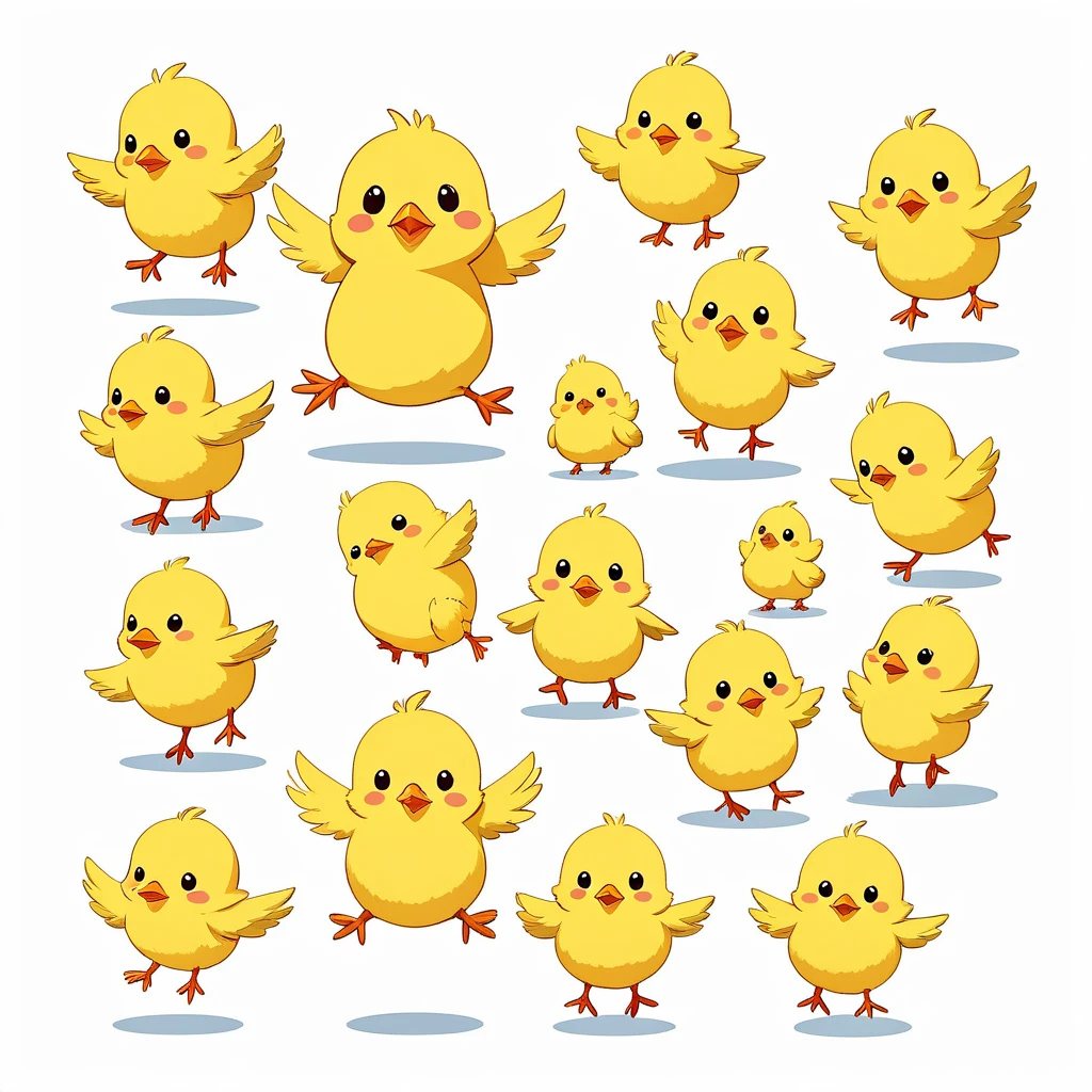 a chick, illustration, flat, cute, children's book, multiple poses and expressions, (isolated white background:1.3), jumping