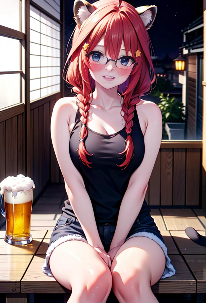 Satsuki Nakano, itsuki nakano, bangs, blue eyes, Hair between the eyes, Ahoge, Redhead, Long braids,Red-rimmed glasses,star \(symbol\), hair ornaments, smile,blush,star hair ornaments,Animal ears　 Raccoon Ears,raccoon tail,happy smile, smile, Open your mouth,blush,Drunk,White Hat,Red Tank Top,Shorts,Sandals,Beer and food on the table,Sitting in a chair,whole bodyがイラストに入るように,night,
break indoors, Izakaya,
break looking at viewer, whole body,
break (masterpiece:1.2), Highest quality, High resolution, unity 8k wallpaper, (figure:0.8), (Beautiful attention to detail:1.6), Highly detailed face, Perfect lighting, Highly detailed CG, (Perfect hands, Perfect Anatomy),