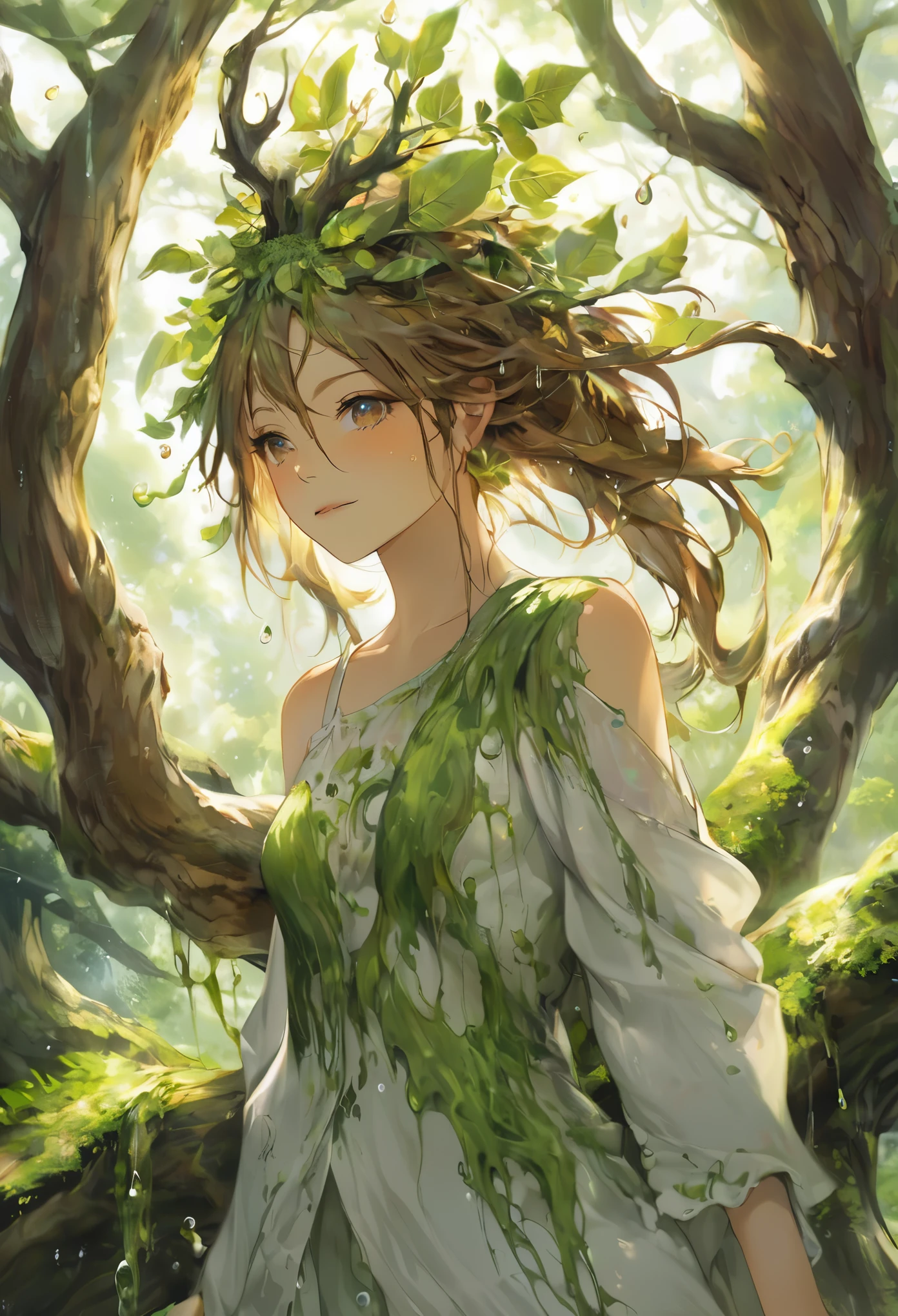 One girl, Female tree spirit, Wood Hair, Internal boiling acetic acid, Put a few drops of acetic acid on the skin,