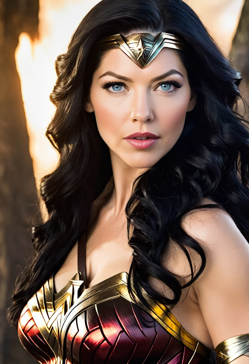 (((In extreme close-up, a woman with a mature face Katheryn Winnick under the mantle of the Amazon warrior Wonder Woman(((black hair Largo))),Splash color images))),(((black hair))),(((Abundant hair)))