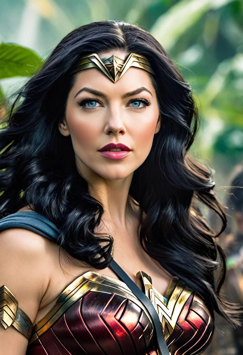 (((In extreme close-up, a woman with a mature face Katheryn Winnick under the mantle of the Amazon warrior Wonder Woman(((black hair Largo))),Splash color images))),(((black hair))),(((Abundant hair)))